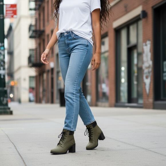 Timberland Allington Boots Heeled Womens 9 Olive Green Leather Lace Up Lug Sole - Picture 3 of 11